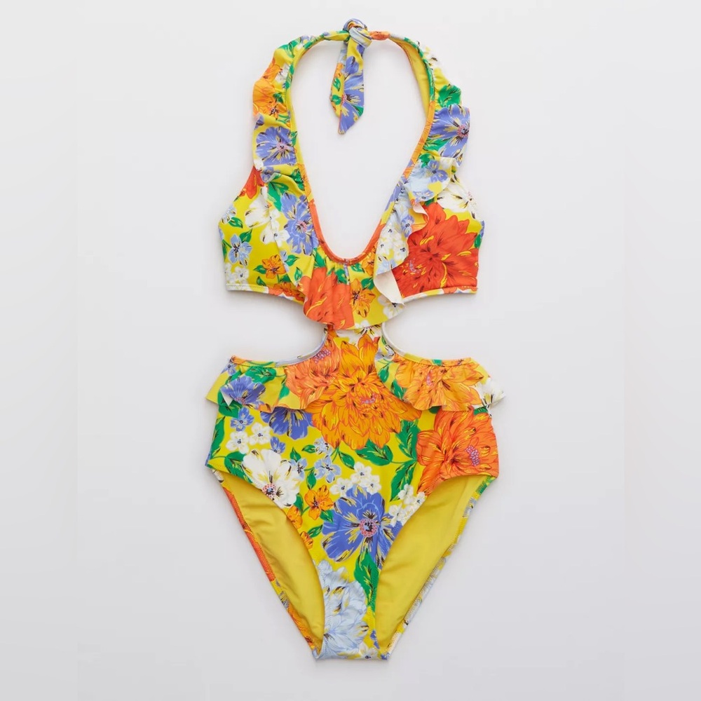 NWT Aerie Floral Ruffle Halter Cut Out One Piece Swimsuit - Picture 5 of 7